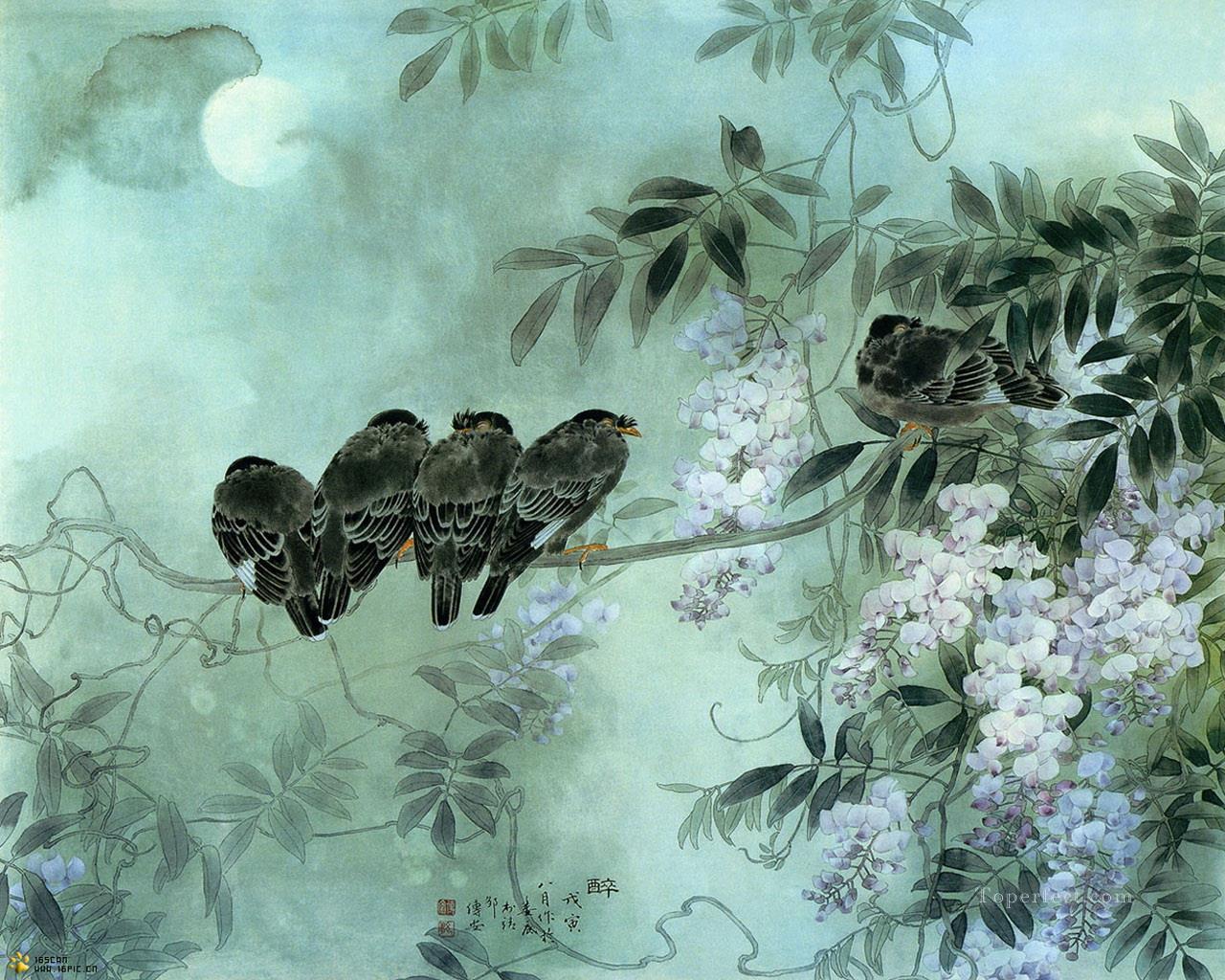 chinesischer Vögel Blumen unter Mond Ölgemälde